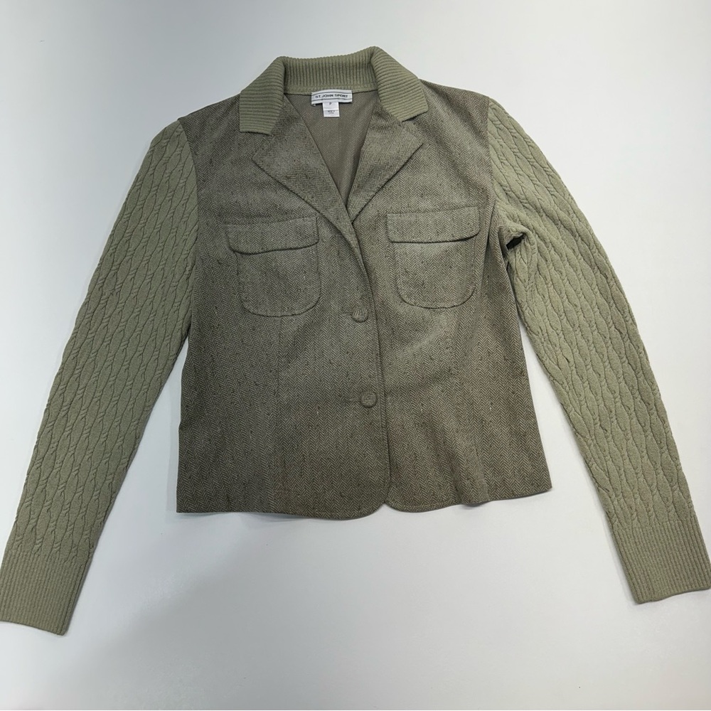 St John Sport Olive Green Houndstooth Cable Knit Blazer Jacket Womens Size P